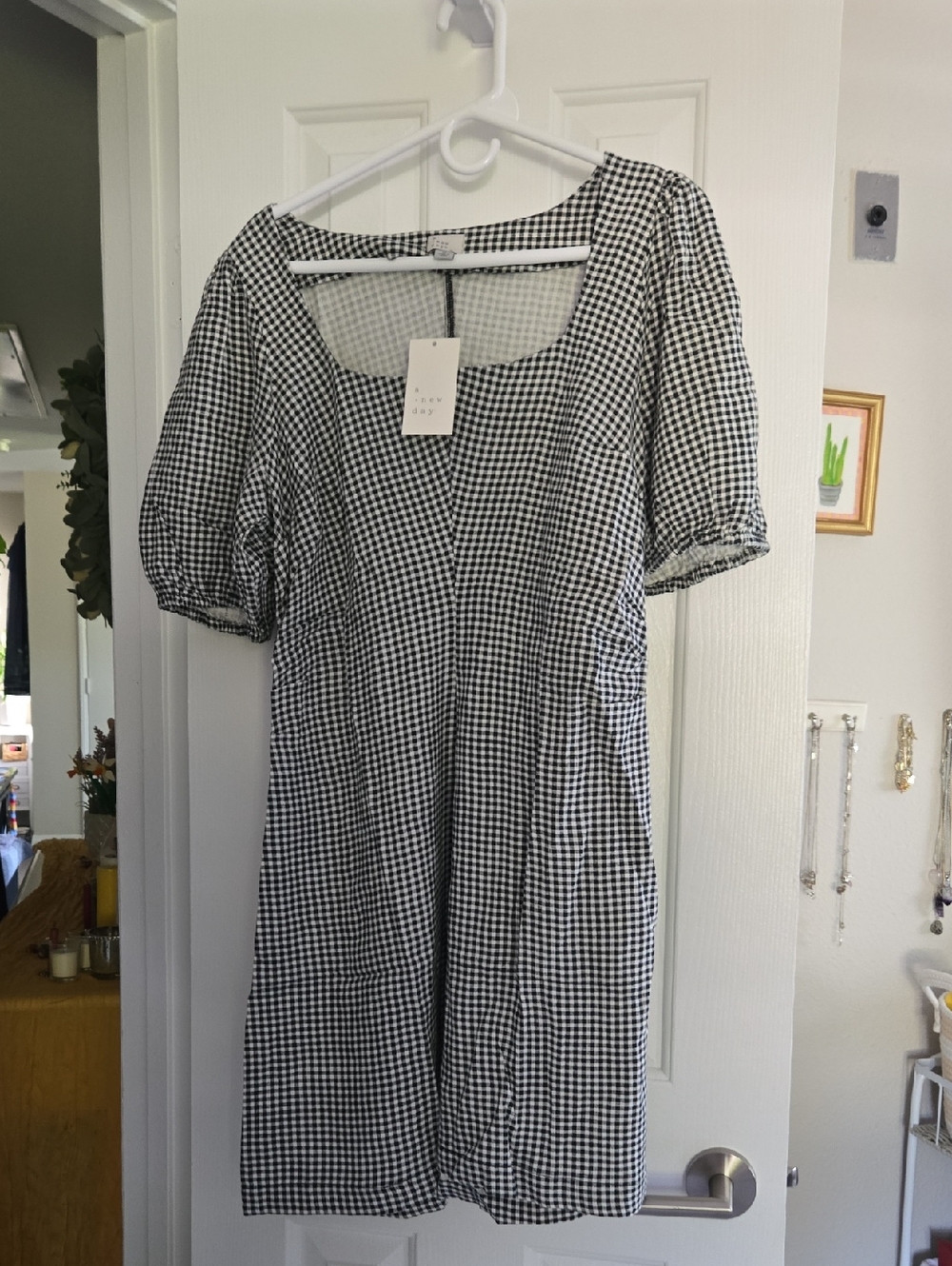 a new day Black & White Gingham Scoop Neck Midi Dress with Puff Sleeves